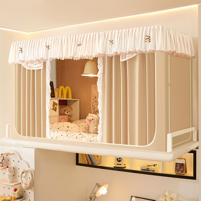 91家纺网 家纺一手货源 找家纺 世婕 2025新款防蚊帐纱植绒遮光帘二合一双层学生蚊帐系列-提花款 提花款-卡其