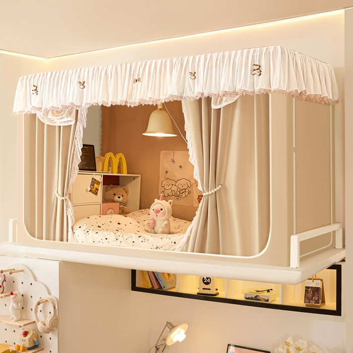 世婕 2025新款防蚊帐纱植绒遮光帘二合一双层学生蚊帐系列-提花款 提花款-卡其