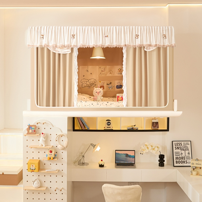 91家纺网 家纺一手货源 找家纺 世婕 2025新款防蚊帐纱植绒遮光帘二合一双层学生蚊帐系列-提花款 提花款-卡其