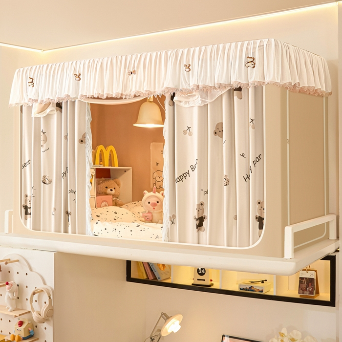 91家纺网 家纺一手货源 找家纺 世婕 2025新款防蚊帐纱植绒遮光帘二合一双层学生蚊帐系列-提花款 提花款-贪吃熊