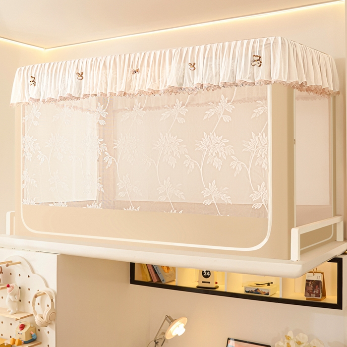 91家纺网 家纺一手货源 找家纺 世婕 2025新款防蚊帐纱植绒遮光帘二合一双层学生蚊帐系列-提花款 提花款-卡其