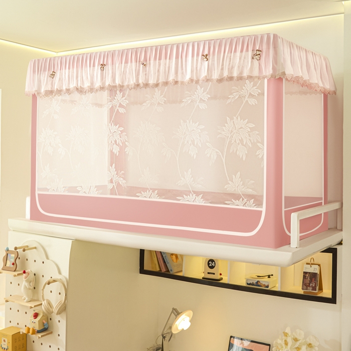 91家纺网 家纺一手货源 找家纺 世婕 2025新款防蚊帐纱植绒遮光帘二合一双层学生蚊帐系列-提花款 提花款-粉草莓兔