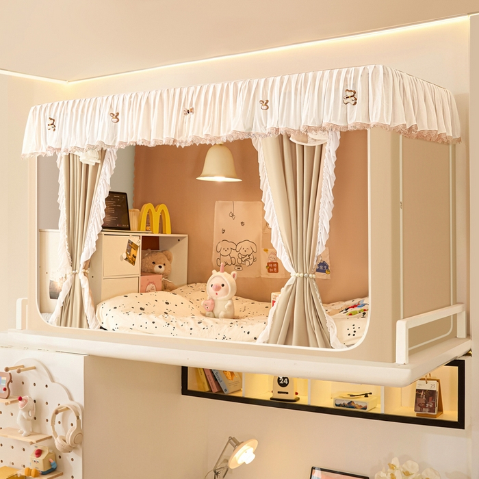 91家纺网 家纺一手货源 找家纺 世婕 2025新款防蚊帐纱植绒遮光帘二合一双层学生蚊帐系列-提花款 提花款-卡其