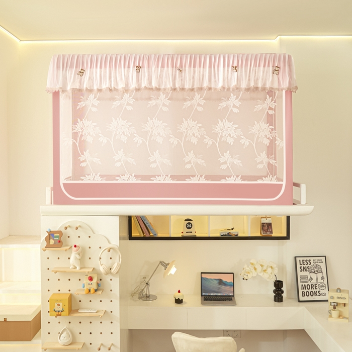 91家纺网 家纺一手货源 找家纺 世婕 2025新款防蚊帐纱植绒遮光帘二合一双层学生蚊帐系列-提花款 提花款-粉草莓兔