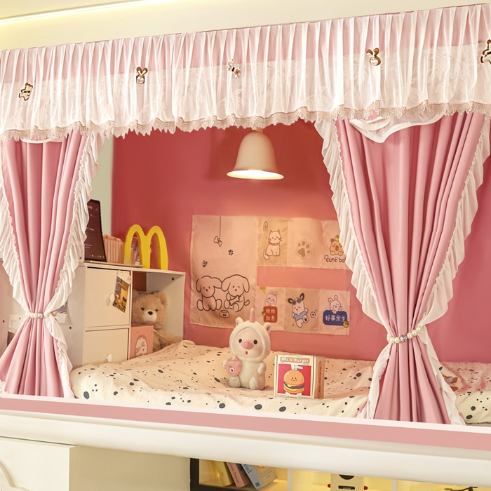91家纺网 家纺一手货源 找家纺 世婕 2025新款防蚊帐纱植绒遮光帘二合一双层学生蚊帐系列-提花款 提花款-樱花粉