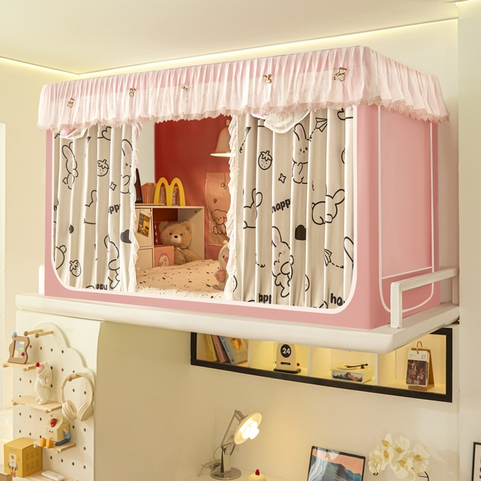 91家纺网 家纺一手货源 找家纺 世婕 2025新款防蚊帐纱植绒遮光帘二合一双层学生蚊帐系列-提花款 提花款-粉草莓兔