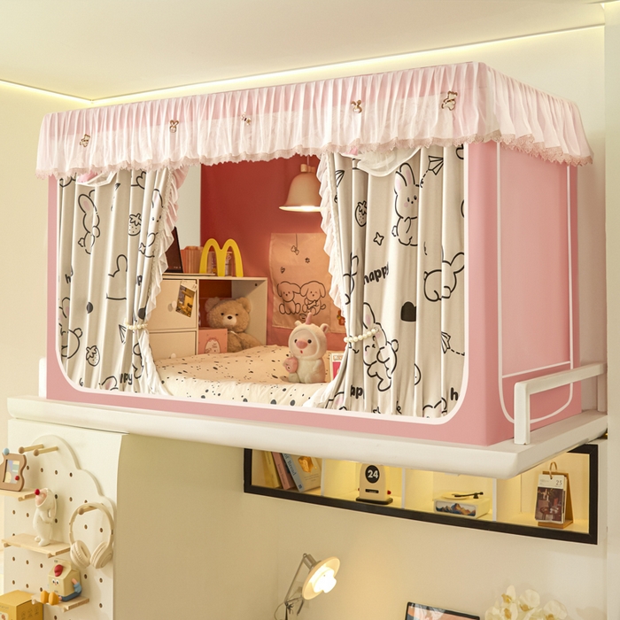 世婕 2025新款防蚊帐纱植绒遮光帘二合一双层学生蚊帐系列-提花款 提花款-粉草莓兔