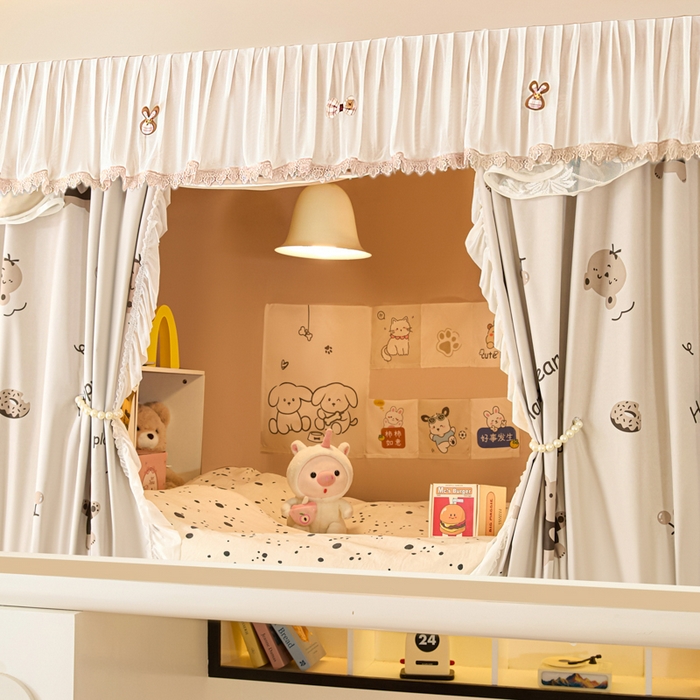 91家纺网 家纺一手货源 找家纺 世婕 2025新款防蚊帐纱植绒遮光帘二合一双层学生蚊帐系列-提花款 提花款-贪吃熊