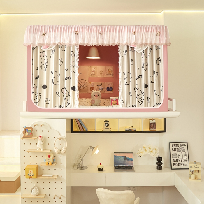 91家纺网 家纺一手货源 找家纺 世婕 2025新款防蚊帐纱植绒遮光帘二合一双层学生蚊帐系列-提花款 提花款-粉草莓兔