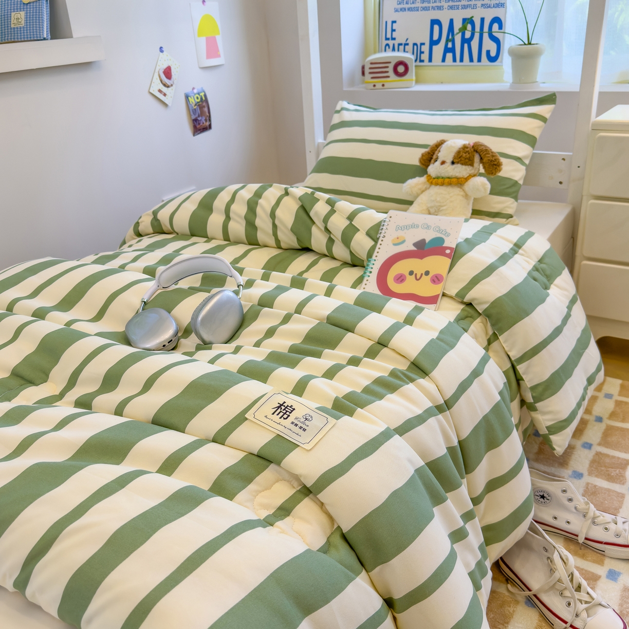 91家纺网 家纺一手货源 找家纺 蓝冰家纺 2025新款学生新疆棉花被被子被芯 绿白宽条