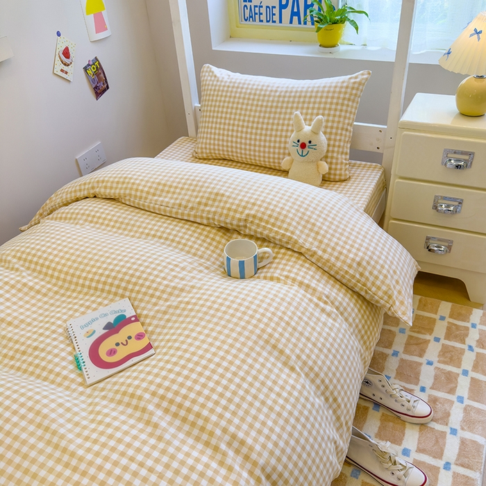 91家纺网 家纺一手货源 找家纺 蓝冰家纺 2025新款学生水洗棉宿舍上下铺三件套 深黄格子