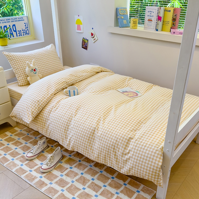 91家纺网 家纺一手货源 找家纺 蓝冰家纺 2025新款学生水洗棉宿舍上下铺三件套 深黄格子