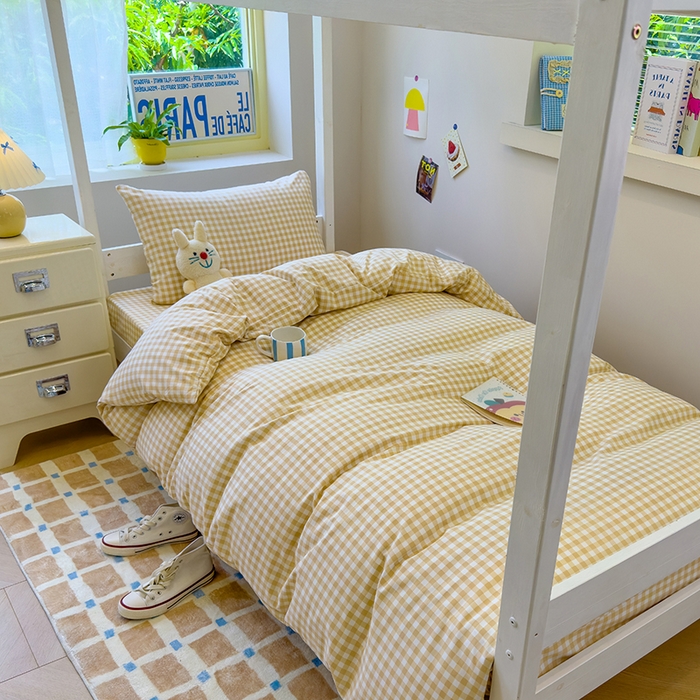 91家纺网 家纺一手货源 找家纺 蓝冰家纺 2025新款学生水洗棉宿舍上下铺三件套 深黄格子