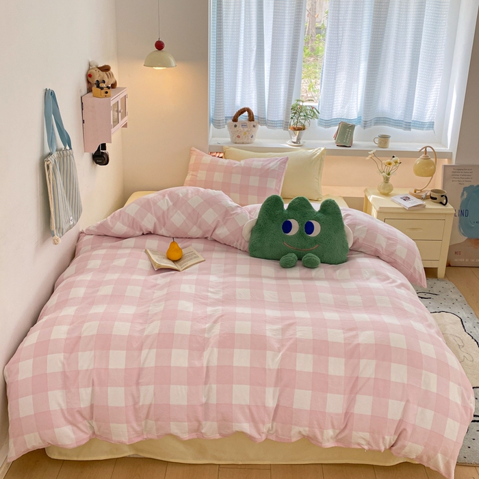 91家纺网 家纺一手货源 找家纺 雨帆家纺 2025新款时尚印花水洗棉混搭四件套 粉格芝士