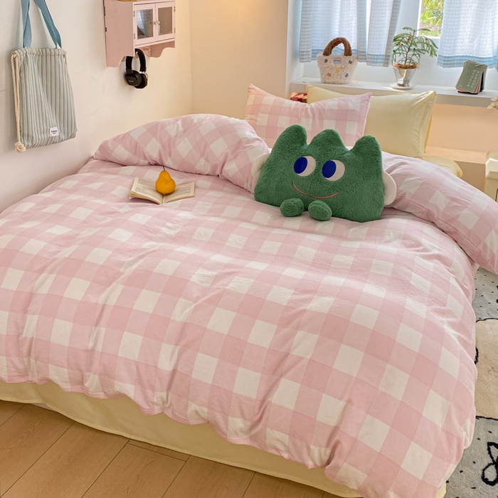 91家纺网 家纺一手货源 找家纺 雨帆家纺 2025新款时尚印花水洗棉混搭四件套 粉格芝士