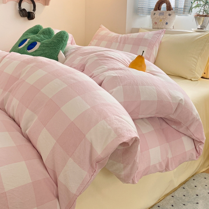 91家纺网 家纺一手货源 找家纺 雨帆家纺 2025新款时尚印花水洗棉混搭四件套 粉格芝士