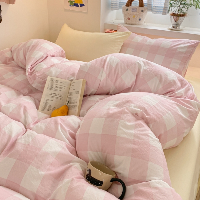 91家纺网 家纺一手货源 找家纺 雨帆家纺 2025新款时尚印花水洗棉混搭四件套 粉格芝士