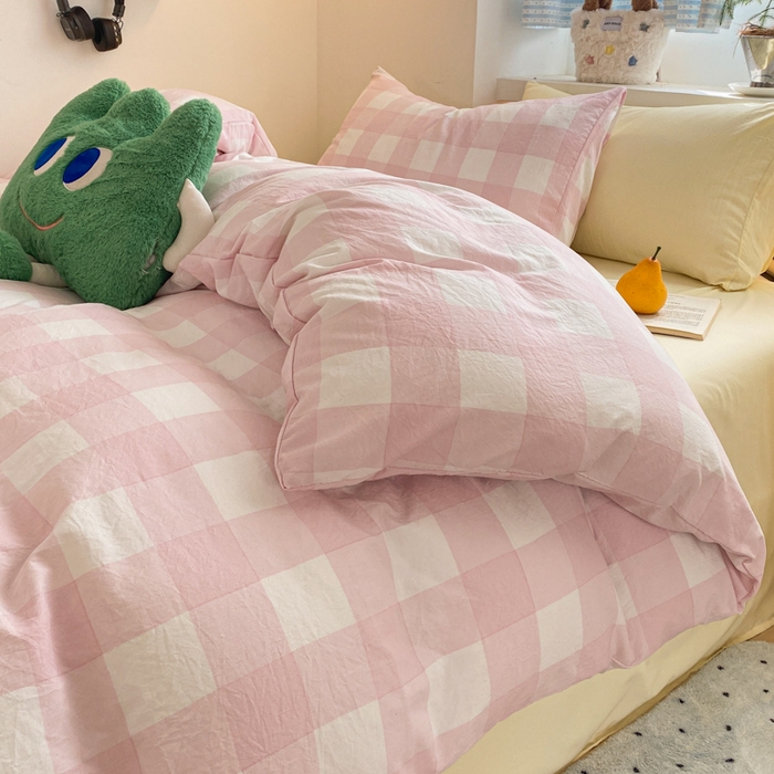 91家纺网 家纺一手货源 找家纺 雨帆家纺 2025新款时尚印花水洗棉混搭四件套 粉格芝士