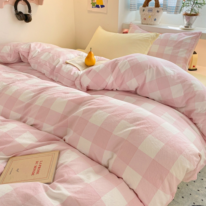 91家纺网 家纺一手货源 找家纺 雨帆家纺 2025新款时尚印花水洗棉混搭四件套 粉格芝士