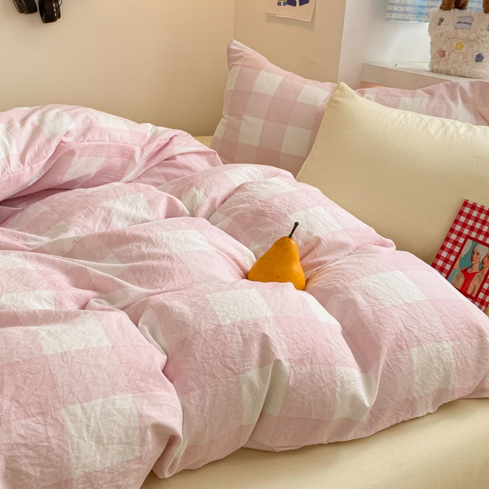 91家纺网 家纺一手货源 找家纺 雨帆家纺 2025新款时尚印花水洗棉混搭四件套 粉格芝士