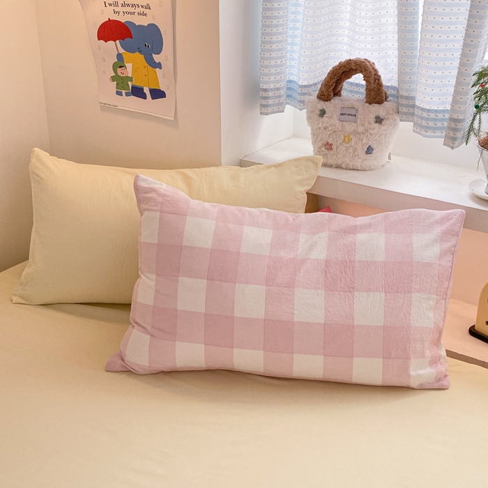 91家纺网 家纺一手货源 找家纺 雨帆家纺 2025新款时尚印花水洗棉混搭四件套 粉格芝士