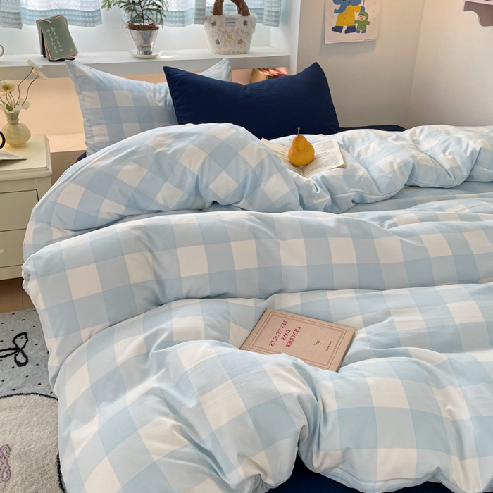 雨帆家纺 2025新款时尚印花水洗棉混搭四件套 蓝格绅士