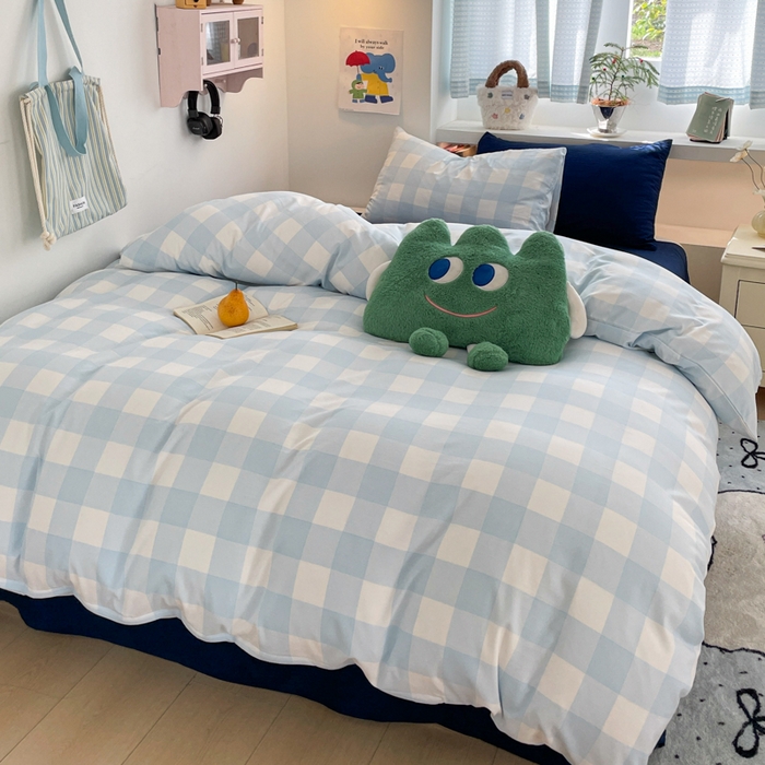 91家纺网 家纺一手货源 找家纺 雨帆家纺 2025新款时尚印花水洗棉混搭四件套 蓝格绅士