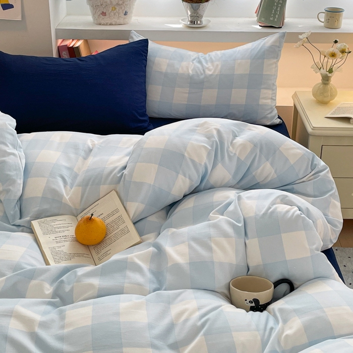 91家纺网 家纺一手货源 找家纺 雨帆家纺 2025新款时尚印花水洗棉混搭四件套 蓝格绅士