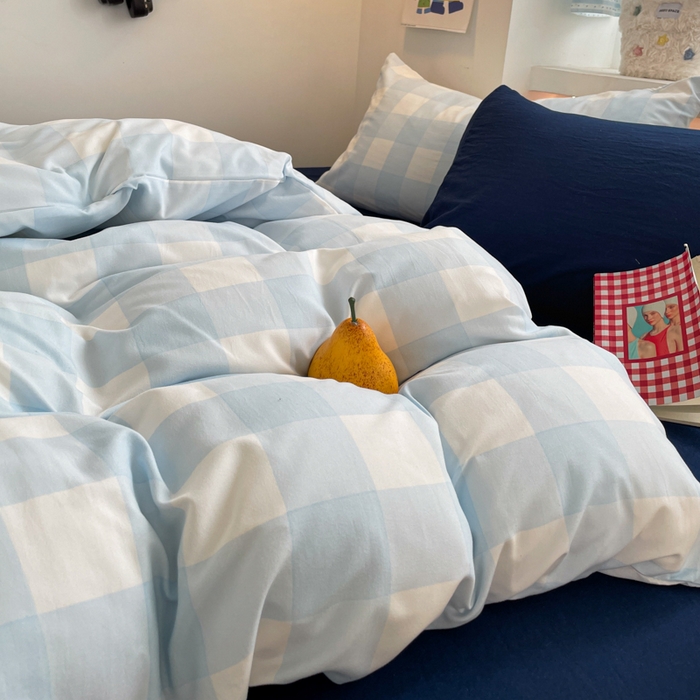 91家纺网 家纺一手货源 找家纺 雨帆家纺 2025新款时尚印花水洗棉混搭四件套 蓝格绅士