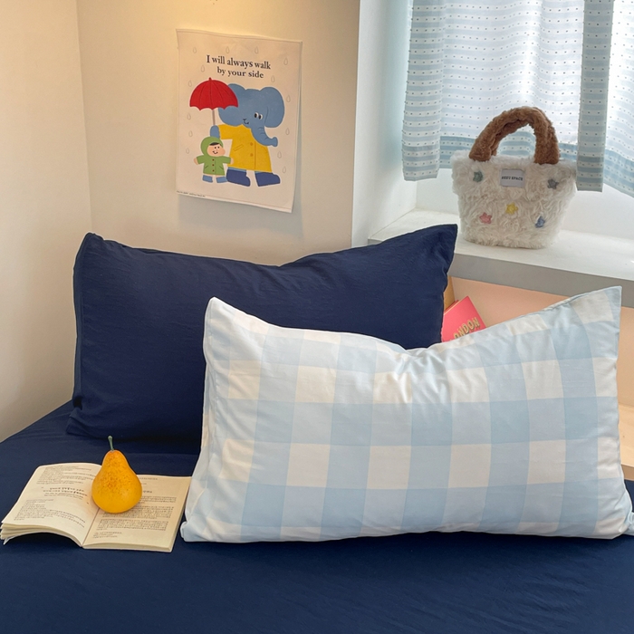 91家纺网 家纺一手货源 找家纺 雨帆家纺 2025新款时尚印花水洗棉混搭四件套 蓝格绅士