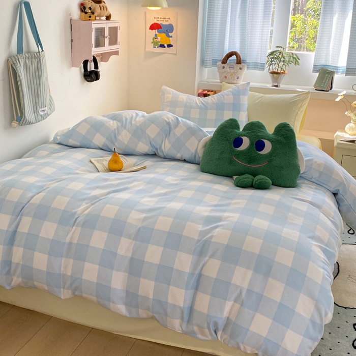 91家纺网 家纺一手货源 找家纺 雨帆家纺 2025新款时尚印花水洗棉混搭四件套 蓝格芝士