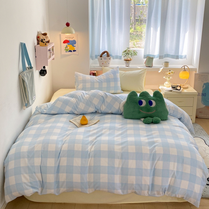 91家纺网 家纺一手货源 找家纺 雨帆家纺 2025新款时尚印花水洗棉混搭四件套 蓝格芝士