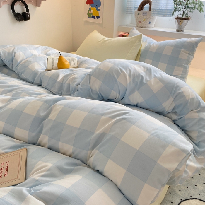 91家纺网 家纺一手货源 找家纺 雨帆家纺 2025新款时尚印花水洗棉混搭四件套 蓝格芝士