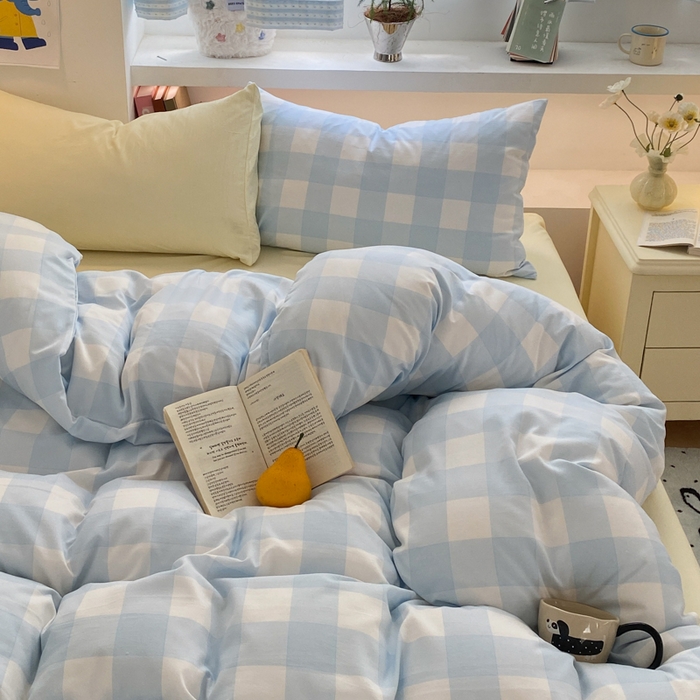 91家纺网 家纺一手货源 找家纺 雨帆家纺 2025新款时尚印花水洗棉混搭四件套 蓝格芝士