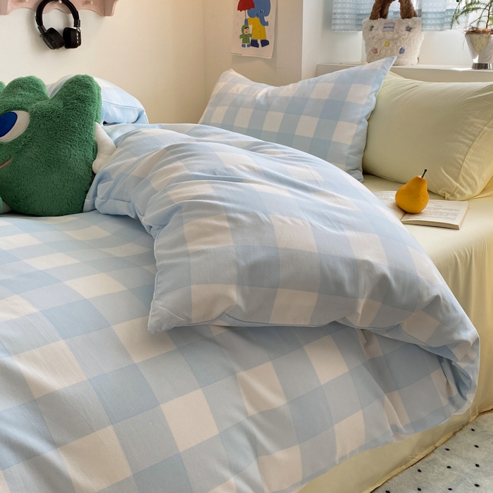 91家纺网 家纺一手货源 找家纺 雨帆家纺 2025新款时尚印花水洗棉混搭四件套 蓝格芝士