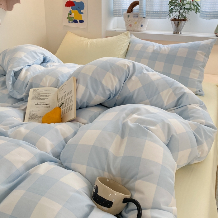 91家纺网 家纺一手货源 找家纺 雨帆家纺 2025新款时尚印花水洗棉混搭四件套 蓝格芝士