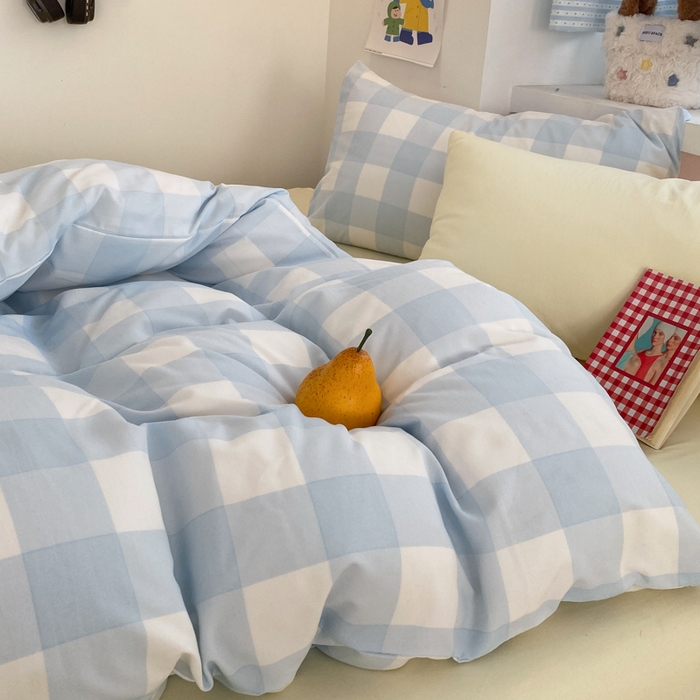 91家纺网 家纺一手货源 找家纺 雨帆家纺 2025新款时尚印花水洗棉混搭四件套 蓝格芝士