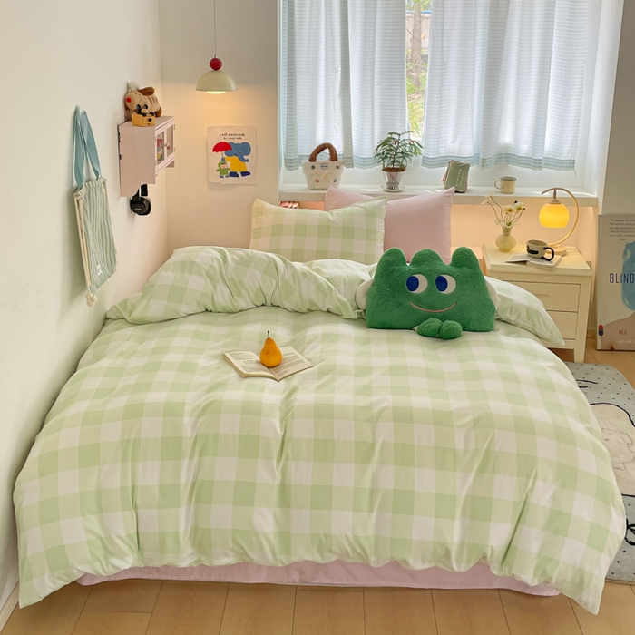 91家纺网 家纺一手货源 找家纺 雨帆家纺 2025新款时尚印花水洗棉混搭四件套 奶粉绿格