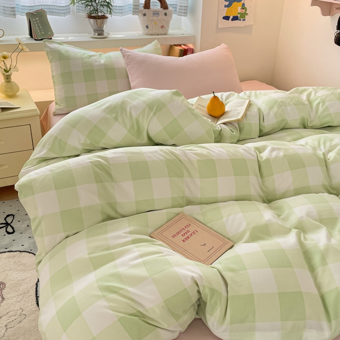 雨帆家纺 2025新款时尚印花水洗棉混搭四件套 奶粉绿格