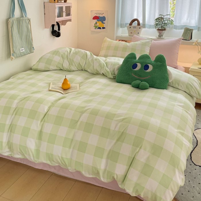 91家纺网 家纺一手货源 找家纺 雨帆家纺 2025新款时尚印花水洗棉混搭四件套 奶粉绿格