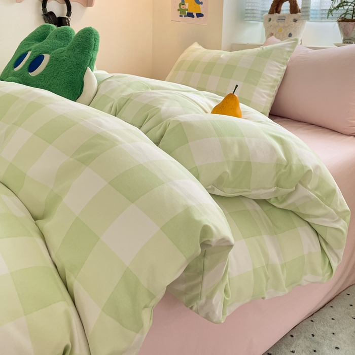 91家纺网 家纺一手货源 找家纺 雨帆家纺 2025新款时尚印花水洗棉混搭四件套 奶粉绿格