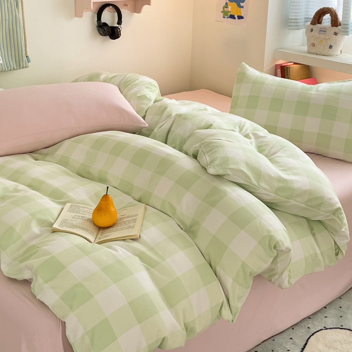 91家纺网 家纺一手货源 找家纺 雨帆家纺 2025新款时尚印花水洗棉混搭四件套 奶粉绿格