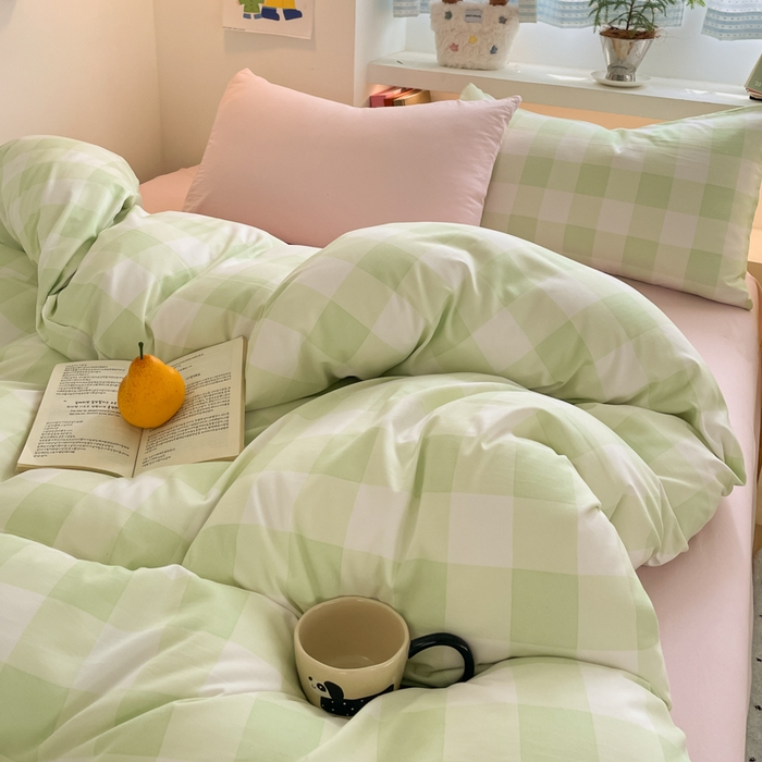 91家纺网 家纺一手货源 找家纺 雨帆家纺 2025新款时尚印花水洗棉混搭四件套 奶粉绿格