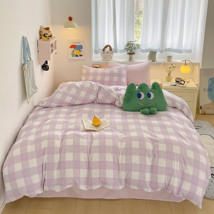 91家纺网 家纺一手货源 找家纺 雨帆家纺 2025新款时尚印花水洗棉混搭四件套 奶粉紫格