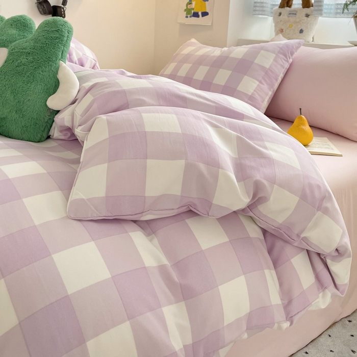 91家纺网 家纺一手货源 找家纺 雨帆家纺 2025新款时尚印花水洗棉混搭四件套 奶粉紫格