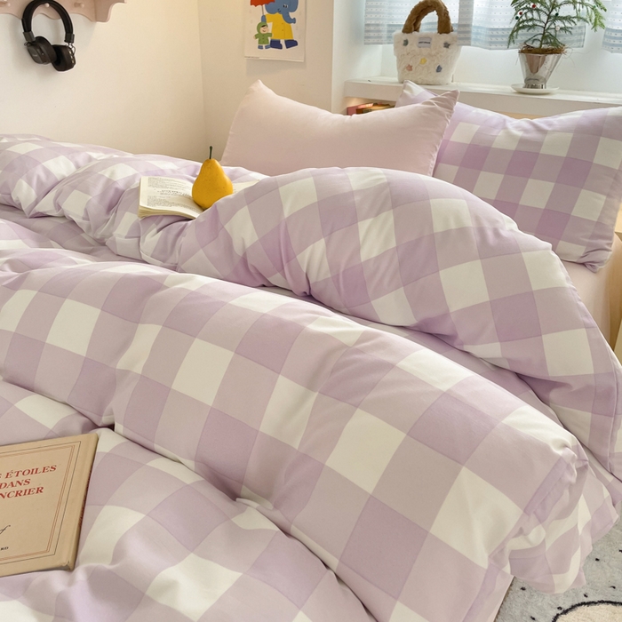 91家纺网 家纺一手货源 找家纺 雨帆家纺 2025新款时尚印花水洗棉混搭四件套 奶粉紫格