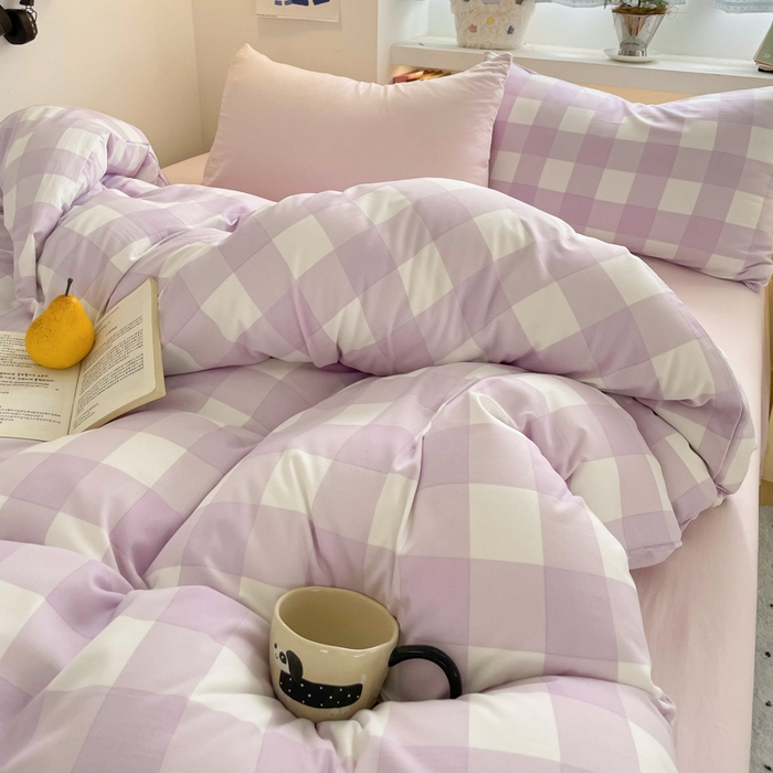 91家纺网 家纺一手货源 找家纺 雨帆家纺 2025新款时尚印花水洗棉混搭四件套 奶粉紫格