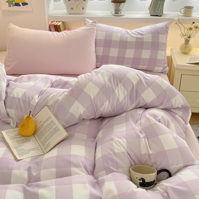 91家纺网 家纺一手货源 找家纺 雨帆家纺 2025新款时尚印花水洗棉混搭四件套 奶粉紫格