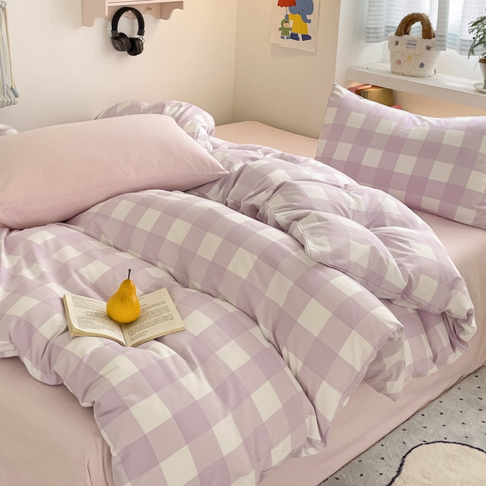 91家纺网 家纺一手货源 找家纺 雨帆家纺 2025新款时尚印花水洗棉混搭四件套 奶粉紫格