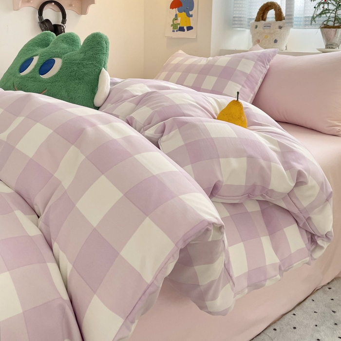 91家纺网 家纺一手货源 找家纺 雨帆家纺 2025新款时尚印花水洗棉混搭四件套 奶粉紫格